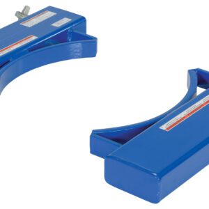 The Vestil Fork Mounted Drum Gripper 30 Gal Steel comes with two blue metal lifting attachments featuring curved cutouts and side clamps, perfect for hoisting or securing 30-gallon steel drums. Safety instruction labels are included.