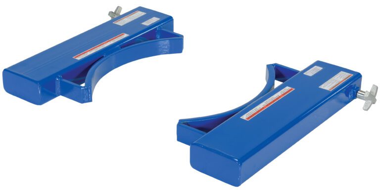 FDG-55_A.jpg Two blue metal tools, similar to the Vestil Fork Mounted Drum Gripper for 55 Gal Steel drums, feature curved designs, adjustable screws, red and white labels, and are displayed at different angles against a white background.