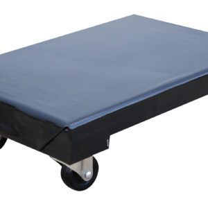 The Vestil Hardwood Dolly Vinyl Cover 0.9K 16 X 24 is a black flat dolly cart with four swivel caster wheels, ideal for moving heavy loads like boxes or furniture on its rectangular, smooth surface. It can handle up to 0.9K weight effortlessly.