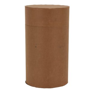 A large, cylindrical, light brown cardboard tube closely resembles a 12-gallon Vestil Round All-Fiber Drum with a removable lid. Its smooth, slightly textured surface casts subtle shadows, creating depth as it stands upright against a plain white background.