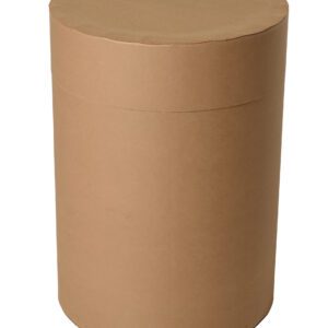 A 30-gallon Vestil Round All-Fiber Drum is a large, round, brown cardboard container with a removable lid. It features a smooth surface and sturdy cylindrical design, perfect for packaging or storage of hefty contents.