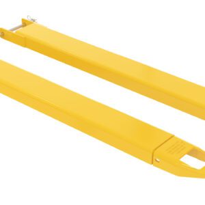 The Vestil Fork Extensions 4 X 48 Pin Style (Pair) are bright yellow, rectangular, and designed with tapered ends plus hooks and pins for enhanced utility.