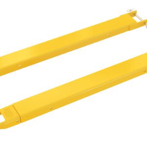 Two bright yellow, elongated metal tools with handles on one end are shown side by side against a white background. Each has a pin mechanism for attachment or adjustment, similar to the Vestil Fork Extensions 4 X 54 Pin Style (Pair).