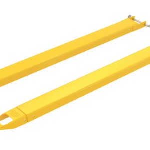 The pair of Vestil Fork Extensions, measuring 4 x 66, are yellow and rectangular, designed with an open slot at one end and securing pins at the other to fit over standard forklift tines. These extensions are positioned parallel in a pin style.
