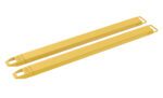 Two yellow metal forks with rectangular openings at one end, similar to the Vestil Fork Extensions 4 X 72 Standard (Pair), serve as forklift extensions and are positioned parallel on a white background.