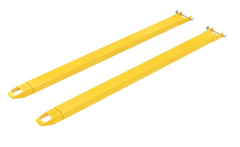 FE-4-84-P_A.jpg On a white background, two Vestil Fork Extensions 4 X 84 Pin Style are placed parallel, showcasing their robust design with tapered tips and securing brackets for efficient material handling.