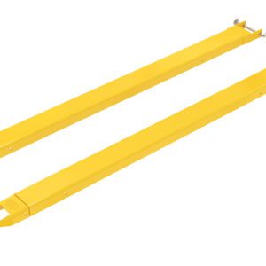 On a white background, two Vestil Fork Extensions 4 X 84 Pin Style are placed parallel, showcasing their robust design with tapered tips and securing brackets for efficient material handling.