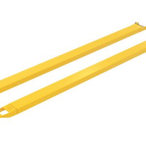A pair of long, yellow Vestil Fork Extensions 5 X 108 Pin Style is shown on a white background. They have tapered ends and hooks for easy attachment.