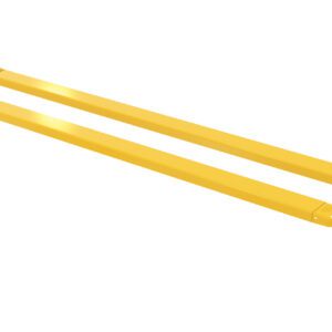 On a white background, two long yellow metal beams, resembling the Vestil Fork Extensions 5 X 120 Pin Style (Pair) with hooked ends, are aligned parallel to each other.