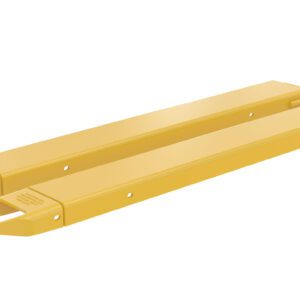 Two Vestil Fork Extensions 5 x 54 Standard (Pair), in yellow with tapered ends and small side holes, are arranged parallel to enhance forklift fork length effectively.