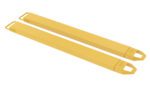 Two yellow rectangular Vestil Fork Extensions 5 x 63 with handles are placed parallel on a white background, looking sturdy and smooth—ideal for efficiently handling various loads.