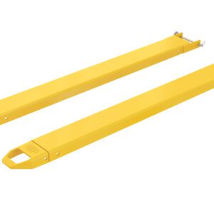 Two yellow Vestil Fork Extensions 5 X 66 Pin Style are placed parallel on a white background, each with a handle on one end and securing hooks on the other.