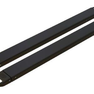 Two Vestil Fork Extensions 5 x 72 Standard Black are laid parallel on a white background, featuring loops at one end and rectangular cutouts near the slightly pointed tips.