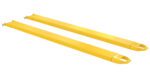 A pair of yellow Vestil Fork Extensions 5 X 84 Pin Style, rectangular and designed for lifting materials, features a hook-like handle at one end. The forks are shown diagonally with a slight shadow beneath.