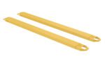 Two rectangular, yellow metal objects with angled ends, grooves, and handles are positioned parallel on a white background. They are the Vestil Fork Extensions 5 X 84 Standard (Pair).