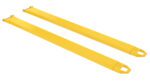 Two rectangular yellow metal forklift extensions with looped handles, known as Vestil Fork Extensions 5 X 90 Pin Style (Pair), are positioned parallel on a white background to enhance reach and stability for lifting needs.