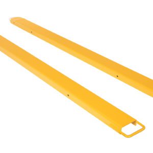 Two yellow Vestil Fork Extensions 6 X 96 Standard (Pair) lie parallel on a white background, featuring a rectangular shape with handles to extend forklift reach for handling larger materials.