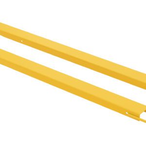 Two identical long, sleek Vestil Fork Extension High Strength bars in yellow metal, measuring 72L x 4W inches with hook ends, are shown against a white background. They feature a smooth and polished finish.