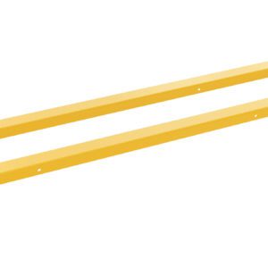 Two yellow Vestil Fork Extension bars, measuring 96L x 4W inches with looped handles and mounting holes, lie parallel on a white background.