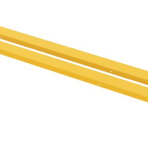 Two flat, yellow metal Vestil Fork Extension High Strength bars, each 96L x 5W with rectangular holes at both ends, lie parallel on a white background for optimal support and durability.