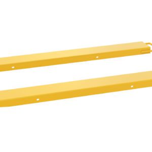 Two yellow metal loading dock bumpers resemble the high strength of the Vestil Fork Extension High Strength 63L x 6W In, featuring handles on each end. They are arranged parallel against a crisp white background, highlighting durability and functionality.
