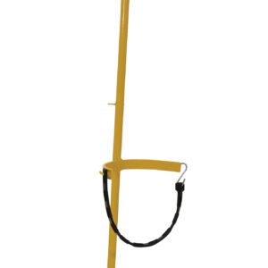 The Vestil Fire Extinguisher Carrier 100 Lb Cap is a yellow hand truck with two small black wheels and a red handle. Its circular frame and rubber straps secure either a gas cylinder or extinguisher upright during transport.