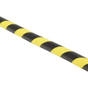 A long cylindrical rod with black and yellow diagonal stripes resembles the warning effect of a Vestil Foam Edge Guard 5/16 X 3/4 Slot, commonly used for safety.