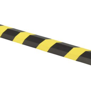 The Vestil Foam Edge Guard 1 X 1 Slot is a long, rectangular foam bumper with alternating black and yellow diagonal stripes for easy installation.
