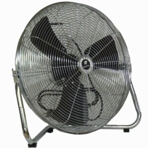 The Vestil Three Speed Floor Fan, featuring a 12-inch blade diameter and three black blades within a protective wire grille, stands on two curved legs with the logo prominently displayed against a plain background.