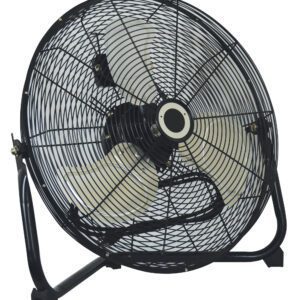 The Vestil Three Speed Floor Fan, with a 20-inch blade diameter and three upward-angled white blades, features a black metal frame and sturdy stand. It includes a circular protective grill and is positioned to the left.