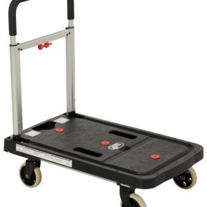 The Vestil Fold Flat Plastic Cart 26.75L x 16.25W is a black platform cart with four wheels, a silver handle, and a red locking mechanism. Its textured surface with red accents makes it ideal for moving heavy items.
