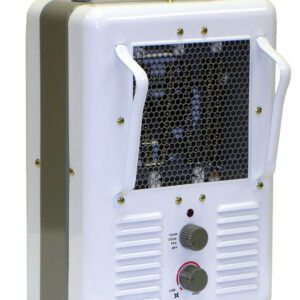 The Vestil Portable Electric Heater (9.5L x 10W x 16H) has a handy handle, two temperature control dials, and an upright design with a metal grille front. Side handles enable effortless mobility.