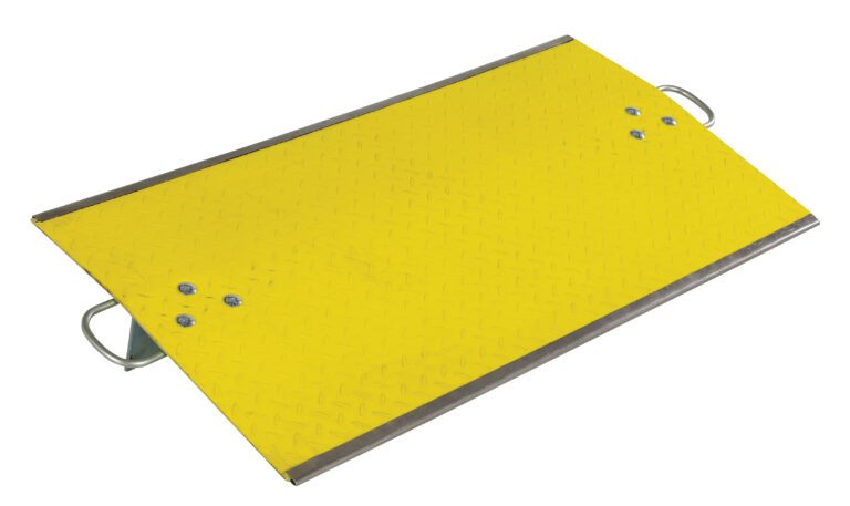 A yellow rectangular metal ramp, the Vestil Fiberglass Dockplate 48X24 with 1000 capacity, features a diamond plate pattern, four screw heads, and handles for easy carrying. Metal reinforcements secure its edges.
