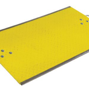 A yellow rectangular metal ramp, the Vestil Fiberglass Dockplate 48X24 with 1000 capacity, features a diamond plate pattern, four screw heads, and handles for easy carrying. Metal reinforcements secure its edges.