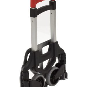 The Vestil Aluminum Foldaway Hand Truck 150 Lb Cap features a sleek black and red design, sturdy metal frame, two wheels, and a collapsible handle for easy storage and portability.