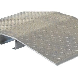 The Vestil Fab Alum Hose & Cable Crossover 24X40 is a silver diamond-plate metal ramp with a raised center section, ideal for vehicle or equipment access. It boasts a rugged, textured surface for grip and includes sloped sides with a flat top.