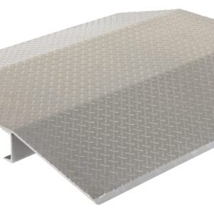 A metal ramp similar to the Vestil Fab Alum Hose & Cable Crossover 48X44X4 features a symmetrical, slightly elevated diamond plate pattern with beveled edges, and its shiny surface reflects light beautifully.