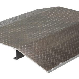 Angled view of the Vestil Fab Alum Hose & Cable Crossover 48X48X4 with diamond plate texture, center elevation tapering off to sides, and open space below. The shiny, reflective surface enhances its industrial aesthetic.