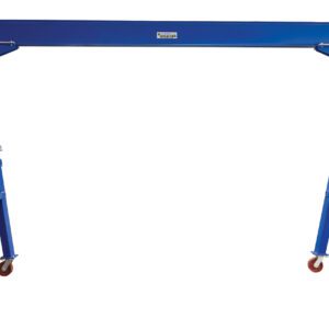 The Vestil Fixed Height Stl Gantry Crane 10K 10 Ft is a blue portable unit with a horizontal beam on two adjustable vertical legs, each featuring swivel casters with red wheels for easy mobility, and is designed to lift and move heavy loads efficiently.