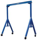 The Vestil Fixed Height Stl Gantry Crane 2K 15 Ft is a durable blue metal crane with caster wheels, designed for easy lifting and movement of heavy objects. Its strong rectangular frame and vertical supports ensure smooth mobility.