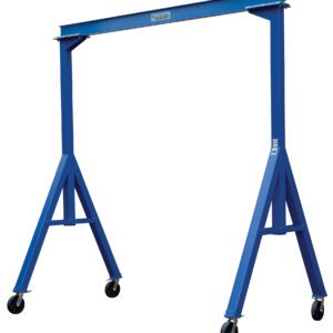 The Vestil Fixed Height Stl Gantry Crane 2K 15 Ft is a durable blue metal crane with caster wheels, designed for easy lifting and movement of heavy objects. Its strong rectangular frame and vertical supports ensure smooth mobility.