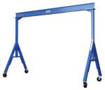 The Vestil Fixed Height Stl Gantry Crane 6K 10 Ft showcases a blue metal build with a rectangular beam and triangular supports. Each support has wheels for mobility, making this freestanding crane both functional and visually appealing against a white background.