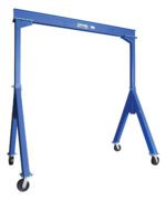 The Vestil Fixed Height Stl Gantry Crane 8K 10 Ft features a blue portable design with a robust beam and four caster wheels, offering a sturdy frame for lifting heavy loads and effortless mobility across locations.