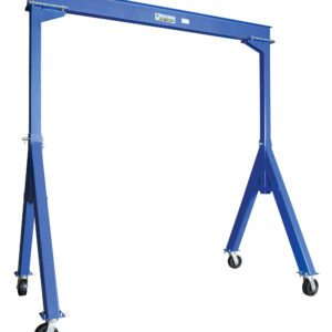 The Vestil Fixed Height Stl Gantry Crane 8K 10 Ft features a blue portable design with a robust beam and four caster wheels, offering a sturdy frame for lifting heavy loads and effortless mobility across locations.