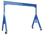 The blue Vestil Fixed Height Stl Gantry Crane 8K 15 Ft is mobile with a rectangular frame on four wheels, featuring angled supports and a straight horizontal beam for easy lifting and moving of heavy loads.