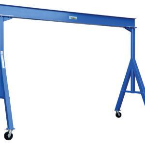 Meet the Vestil Fixed Height Stl Gantry Crane 8K 20 Ft, a durable blue crane with four wheels for heavy lifting and transporting. Featuring a strong metal frame with adjustable height, it spans 20 ft on a horizontal beam supported by two vertical posts.