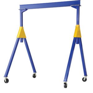 The Vestil Fixed Ht. Stl Gantry Crane 2K 20 Ft Kd has a blue metal frame with yellow brackets, four angled legs, and four wheels for efficient heavy object movement.