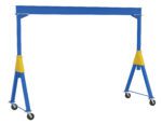 The Vestil Fixed Ht. Stl Gantry Crane 6K 15Ft Kd features a blue rectangular frame on four small wheels and includes adjustable yellow support brackets, offering versatility for your lifting needs.