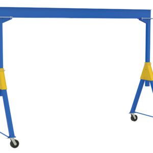 The Vestil Fixed Ht. Stl Gantry Crane 6K 15Ft Kd features a blue rectangular frame on four small wheels and includes adjustable yellow support brackets, offering versatility for your lifting needs.