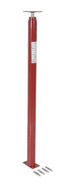 The Vestil Basement Floor Jack 150 In Max Height boasts an adjustable red steel column with square base and top plate, perfect for structural support. It reaches up to 150 inches in height and comes with four bolts for easy installation, highlighted against a plain white background.